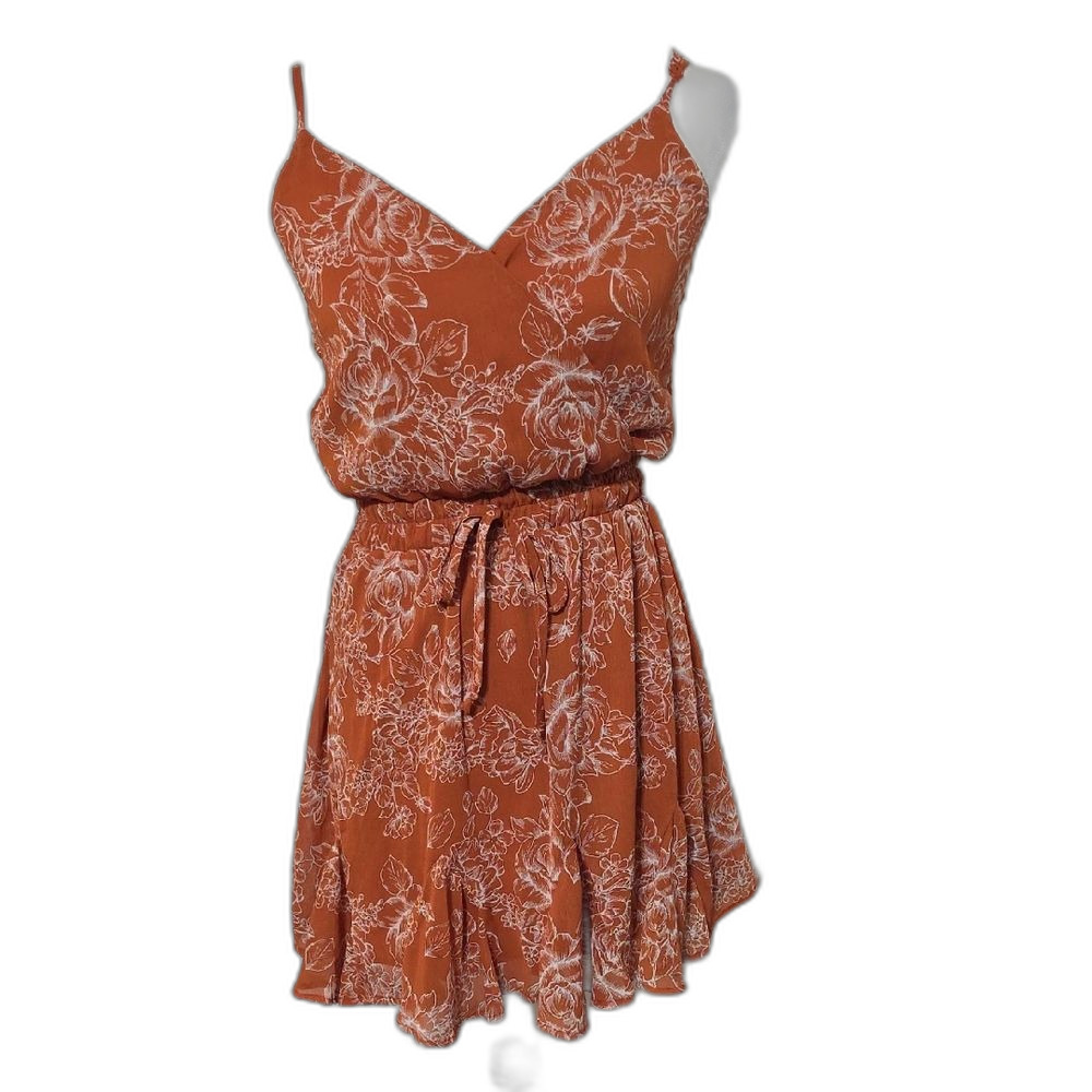 Trixxi Rust Floral Spaghetti-Strap Tie-Waist Mini Dress